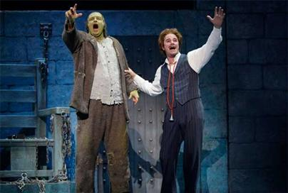 Shuler Hensley as The Monster, Roger Bart as Frederick Frankenstein. 