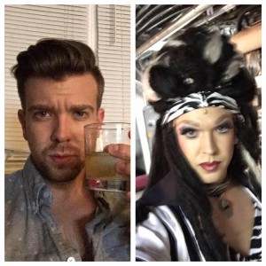 Thomas plays factory workers and Angels in Kinky Boots: Before and after make-up. 